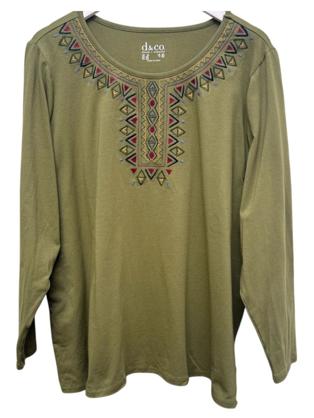 Denim & Co Top Plus Size 2X Olive Green Embroidered Long Sleeve Boho Tunic Tee
